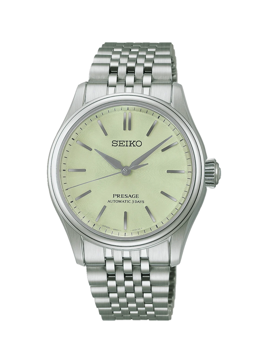 Seiko Presage Classic Series 'Wakatake Iro' with steel bracelet and green dial on a white background.