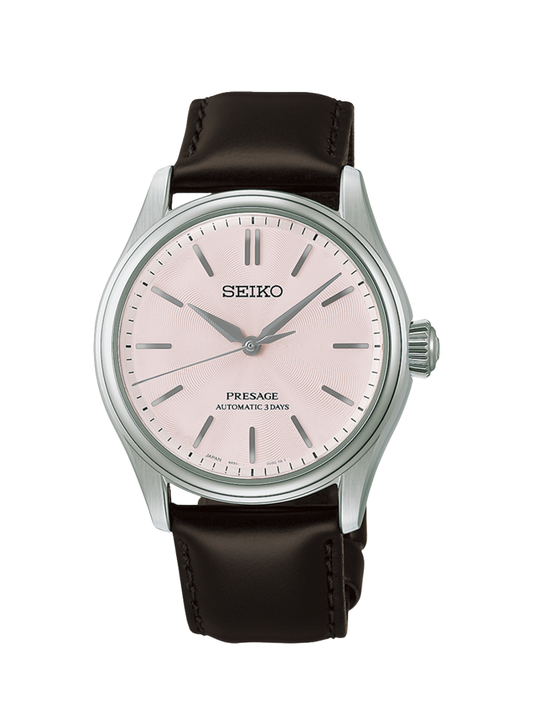 Seiko Presage Classic Series 'Sakura Iro' with 38mm steel case, black leather and pink dial on a white background.