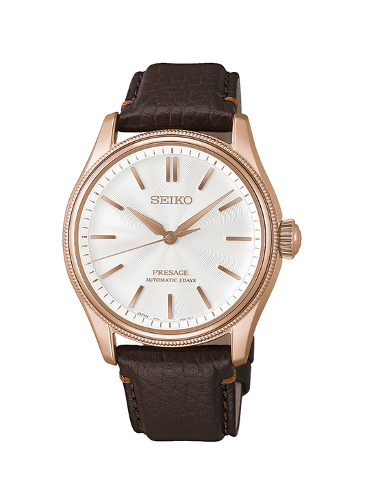 Seiko Presage Classic Series x Tomioka Silk Promotion Organisation Limited Edition with 38mm rose gold plated case, brown leather strap and white dial. 