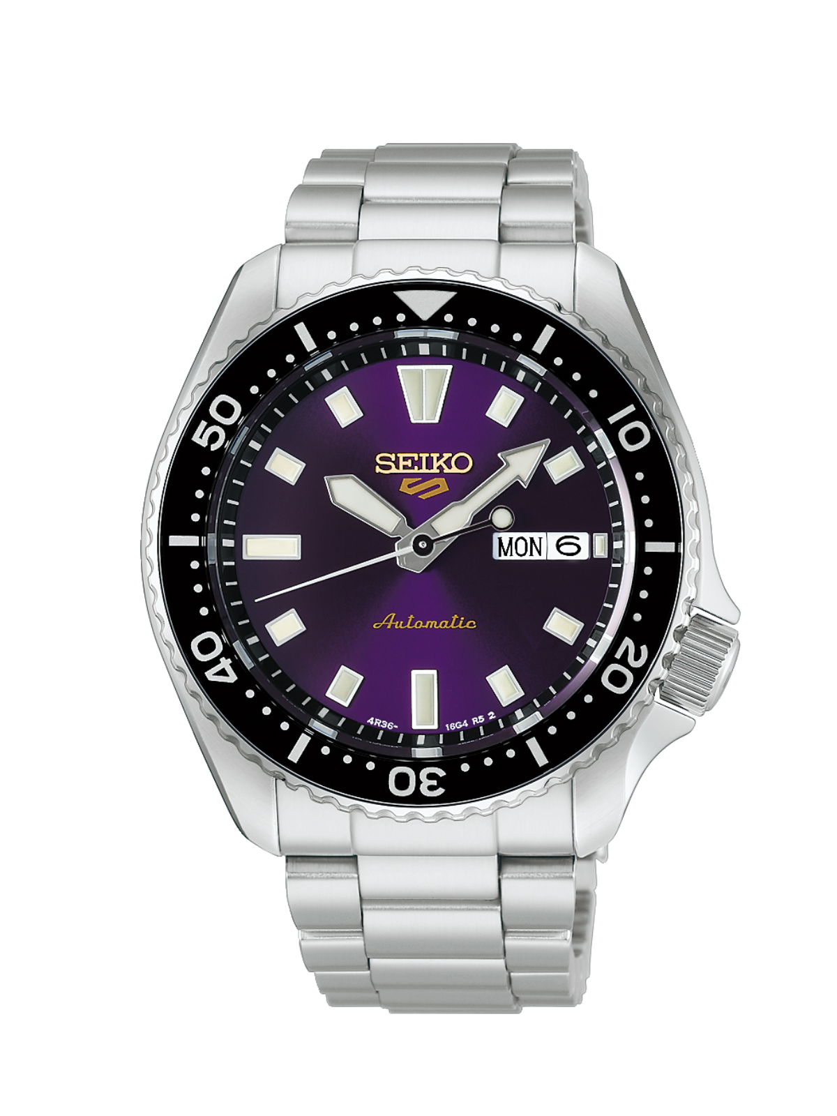 Seiko 145th Anniversary Seiko 5 Sports SKX with 42.5mm case, black bezel, steel bracelet & purple dial on a white background.
