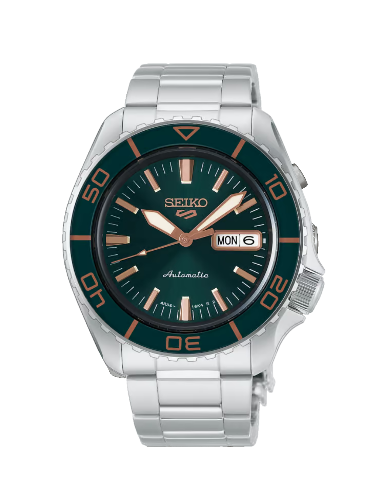 Seiko 5 Sports SKX in 'Tweed Green' with 42.5mm case, green bezel, steel bracelet & green dial on a white background.