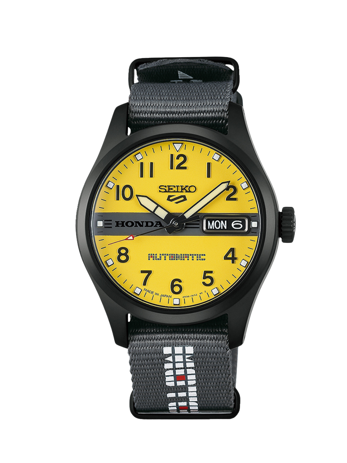 Seiko 5 Sports x Honda Motocompo Limited Edition with 36.4mm steel case, grey nylon strap & yellow dial on a white background.