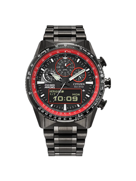 Citizen Eco-Drive Red Arrows Limited Edition Promaster Skyhawk with 43mm case & black plated bracelet & black dial on a white background.