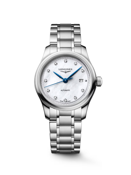 Longines Master Collection with steel bracelet and mother of pearl dial on a white background.