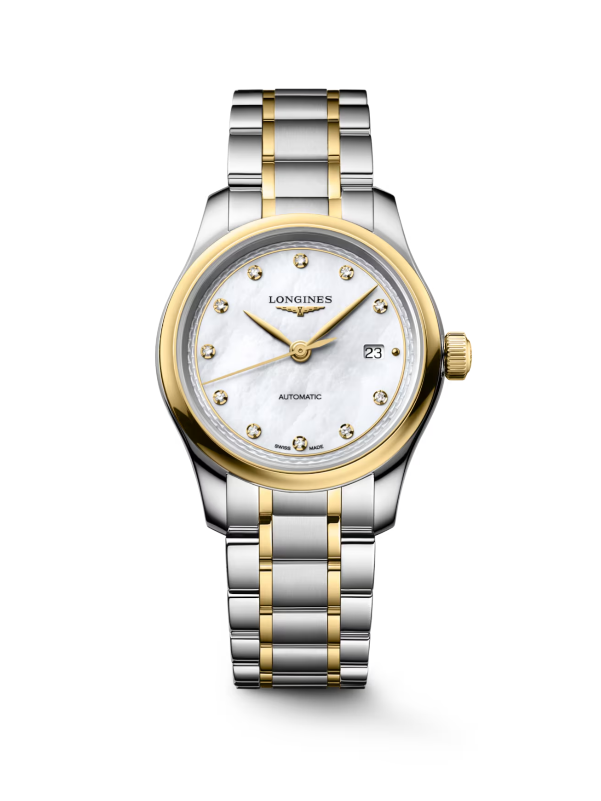 Longines Master Collection with 30mm case, steel & yellow gold cap 200 bracelet & white mother of pearl, diamond-set dial on a white background.