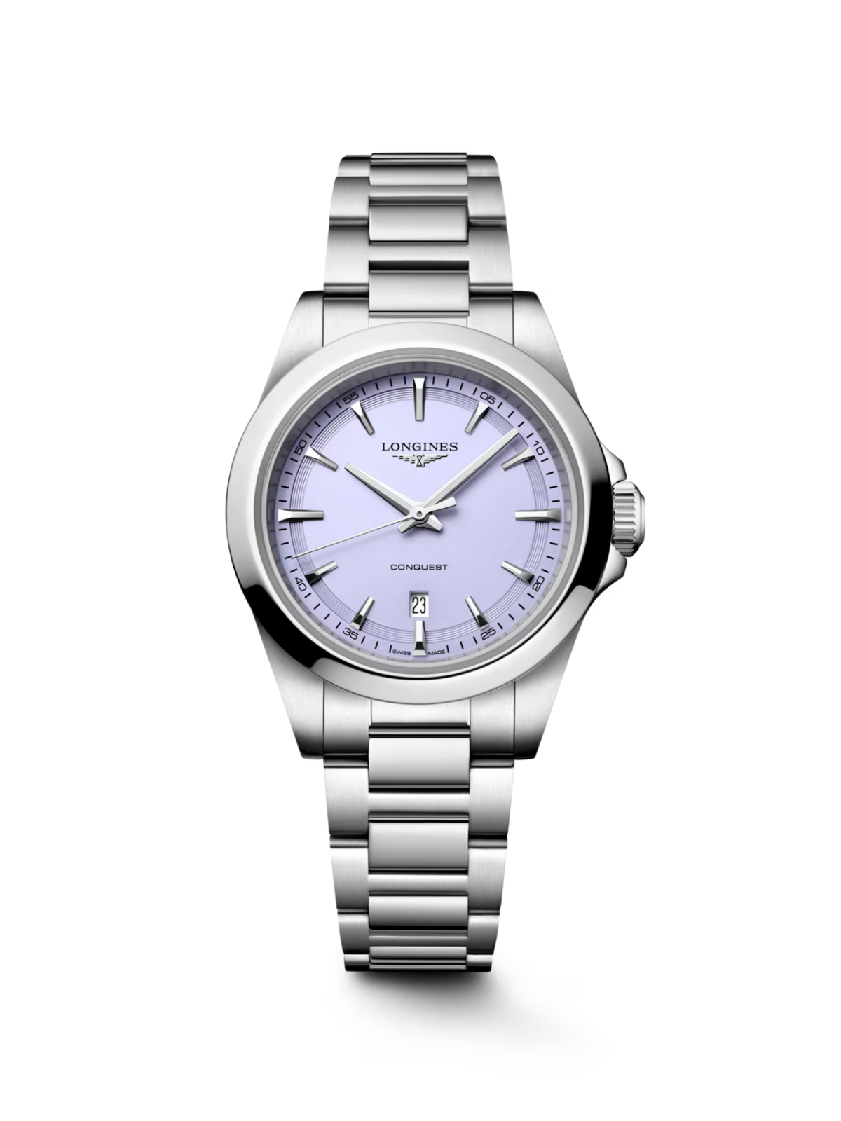 Longines Conquest with steel case and bracelet & lavender purple dial on a white background.