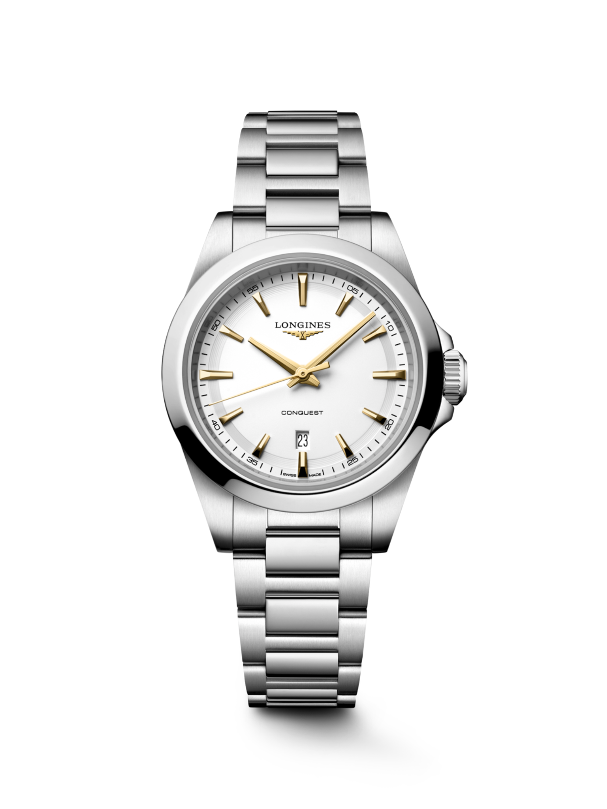 Longines Conquest with steel bracelet and white dial on a white background.