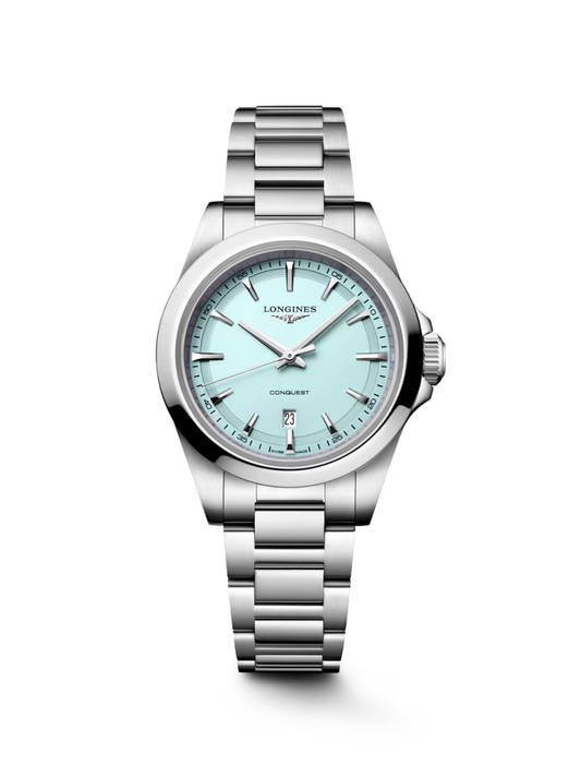 Longines Conquest with steel case and bracelet, and mint blue dial on a white background.