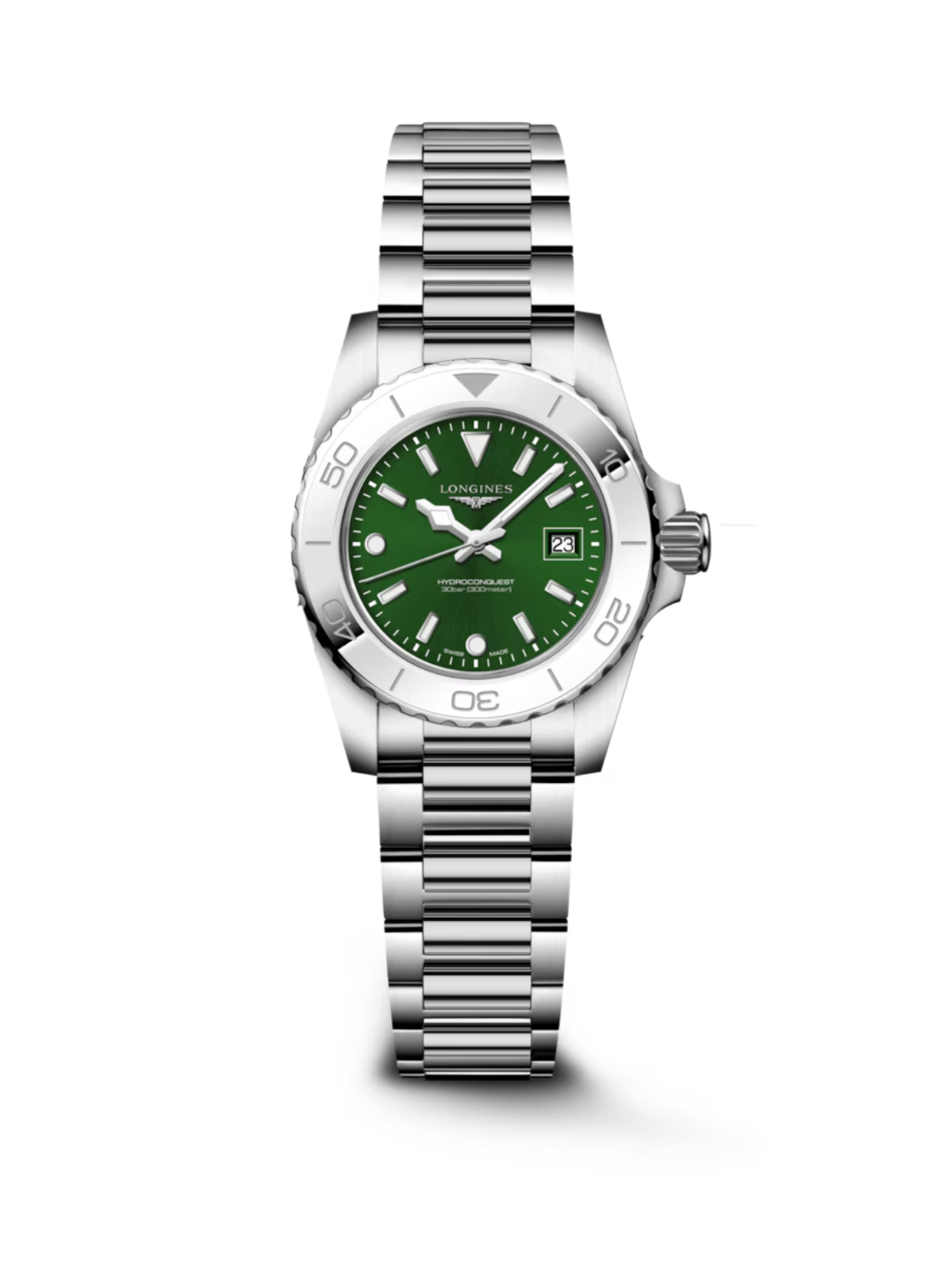 Longines HydroConquest with 30mm case, steel bracelet & green dial on a white background.