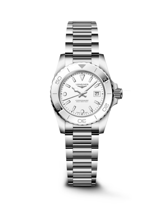 Longines HydroConquest with 30mm case, steel bracelet & white dial on a white background.