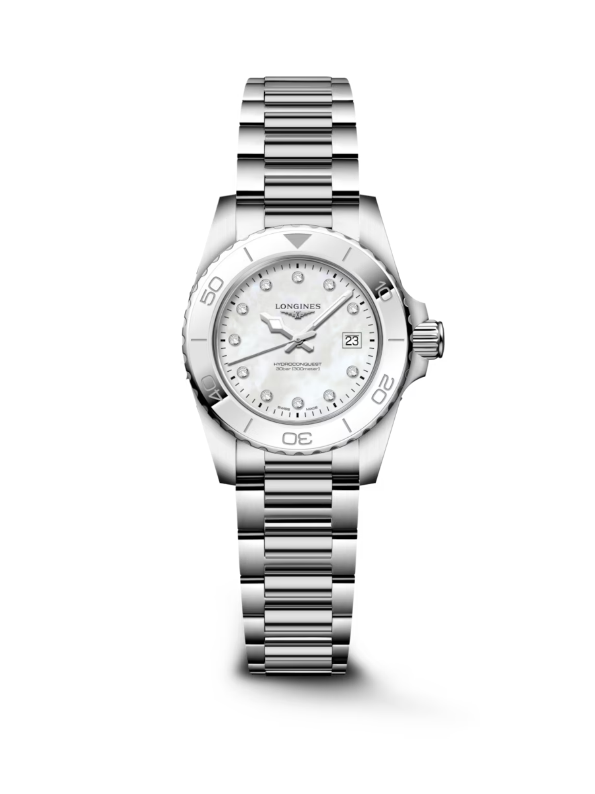 Longines HydroConquest with 30mm case, steel bracelet & white mother of pearl, diamond-set dial on a white background.