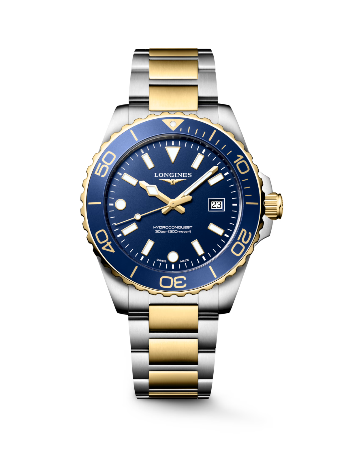 Longines HydroConquest with steel & yellow gold PVD bracelet and blue dial on a white background.
