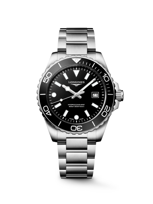 Longines HydroConquest with steel bracelet and black dial on a white background.