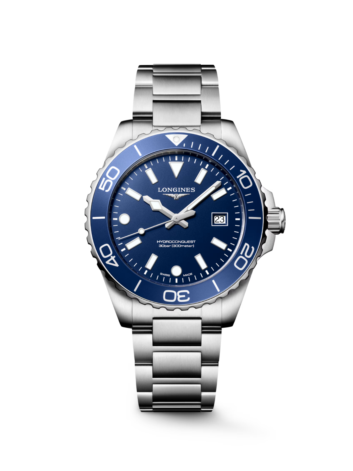 Longines HydroConquest with steel bracelet and blue dial on a white background.