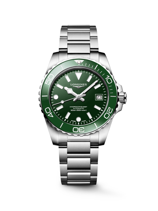 Longines HydroConquest watch with a steel bracelet, green bezel and green dial, on a white background.