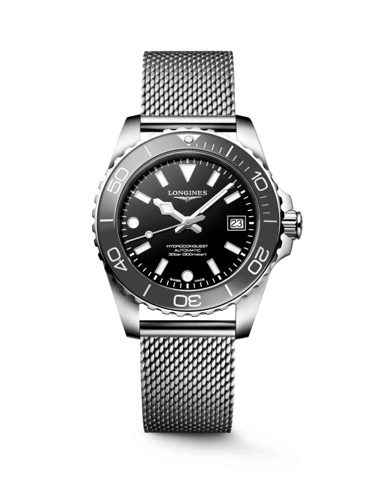 Longines HydroConquest with 39mm case, steel bracelet, grey ceramic bezel and black dial on a white background.