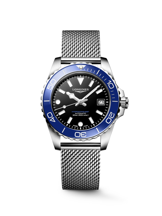 Longines HydroConquest watch with a steel bracelet, blue bezel and black dial, on a white background.