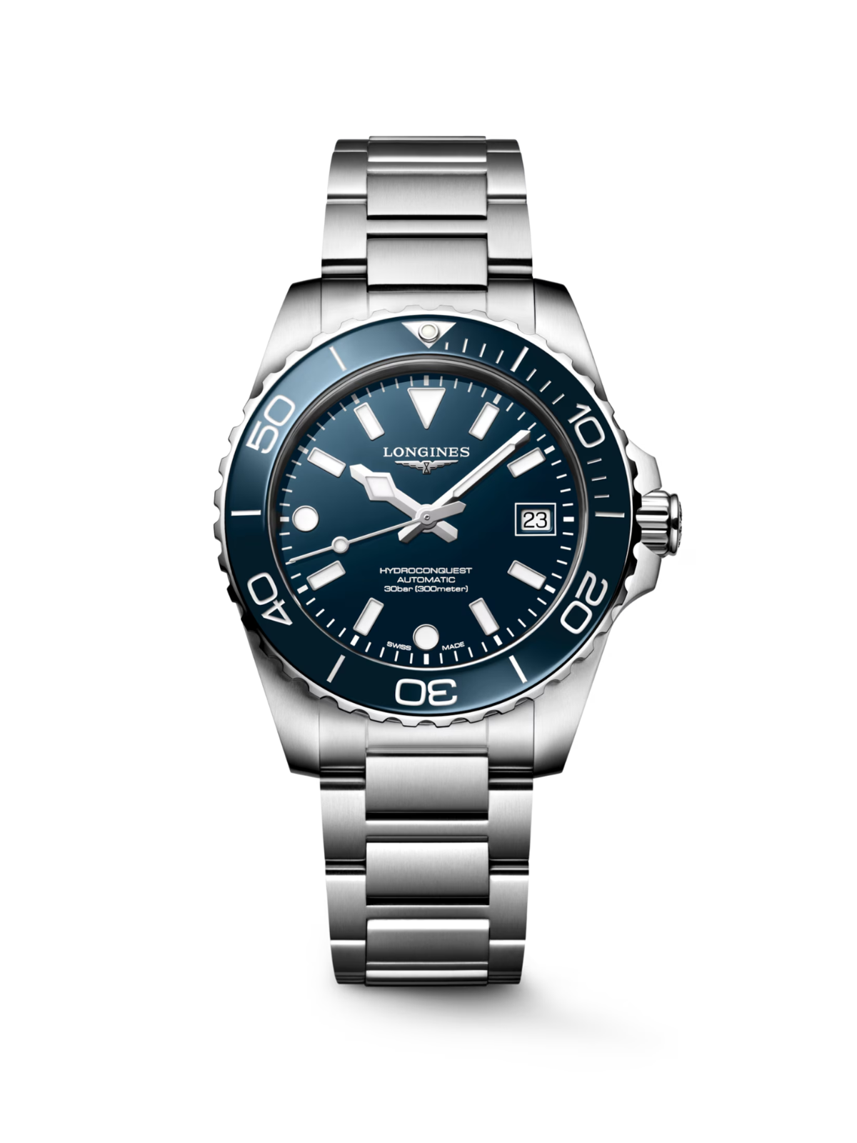 Longines HydroConquest with 39mm steel case, blue ceramic bezel, steel bracelet & blue dial on a white background.