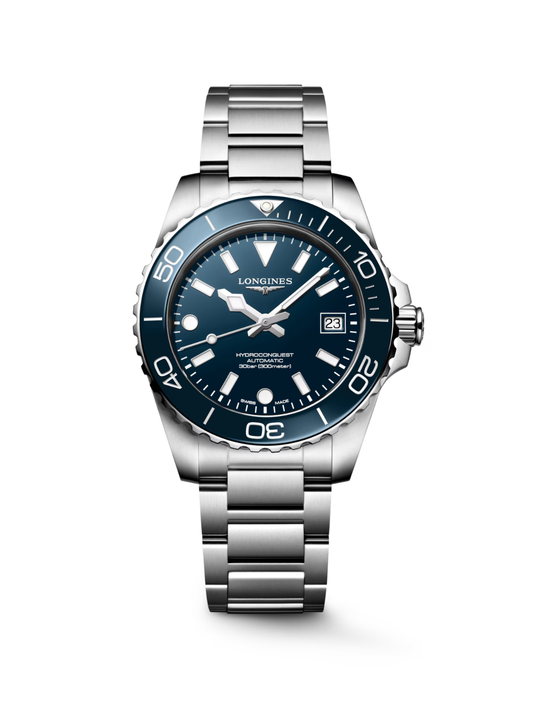 Longines HydroConquest with 39mm steel case, blue ceramic bezel, steel bracelet & blue dial on a white background.