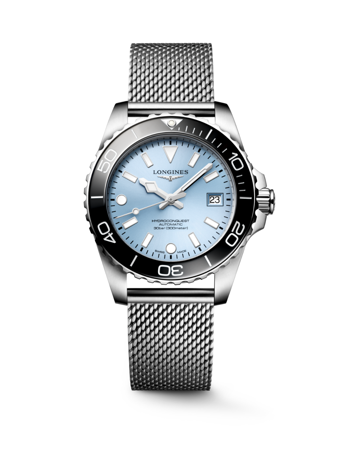 Longines HydroConquest with 39mm case, steel mesh bracelet & frosted blue dial on a white background.