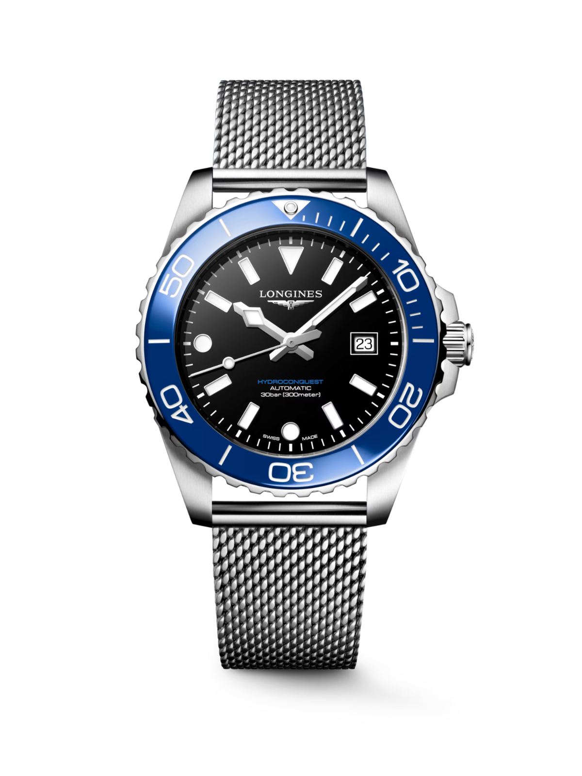 Longines HydroConquest with blue ceramic bezel, steel bracelet and blue dial on a white background.