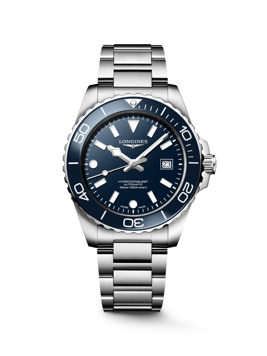 Longines HydroConquest watch with steel bracelet, blue bezel and dial, on a white background.