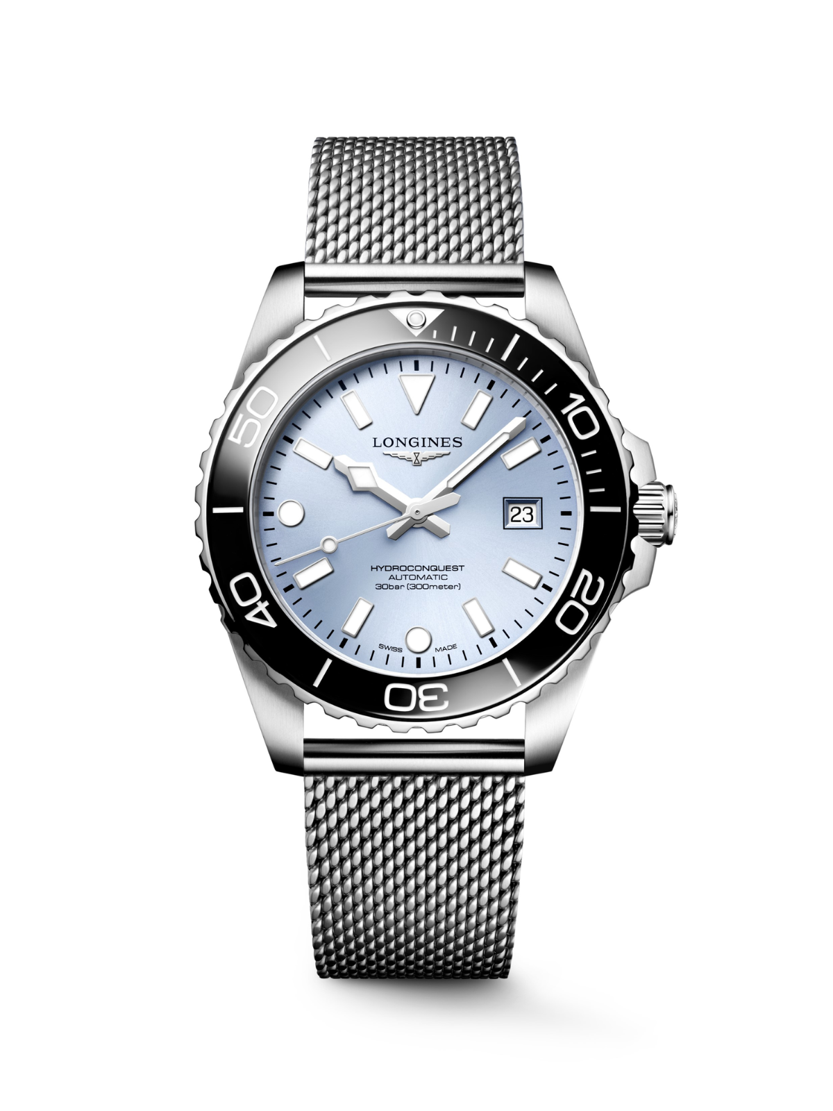 Longines HydroConquest watch with a steel bracelet, black bezel, and blue dial , on a white background.