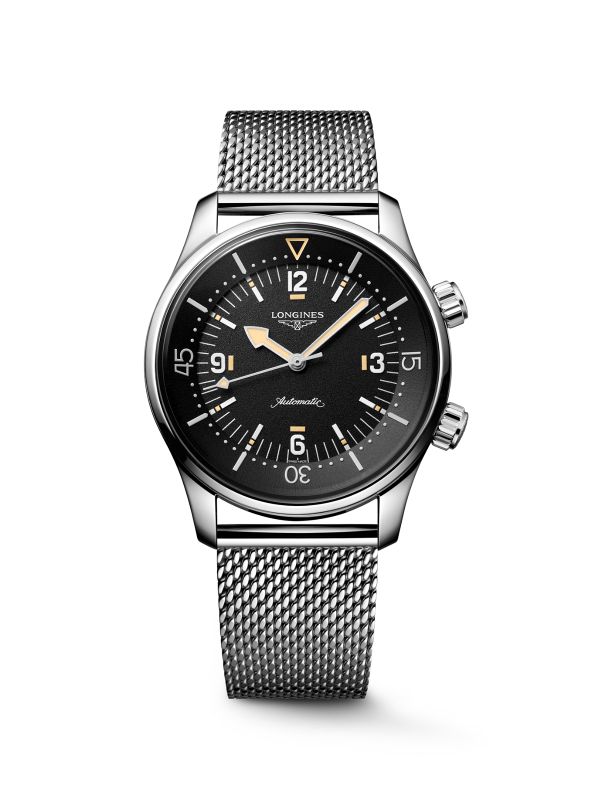 Longines Legend Diver with steel bracelet and black dial on a white background.
