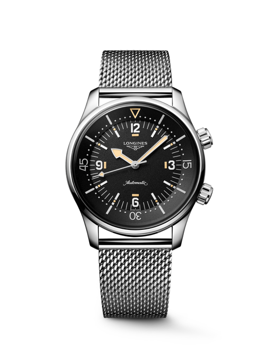 Longines Legend Diver with steel bracelet and black dial on a white background.
