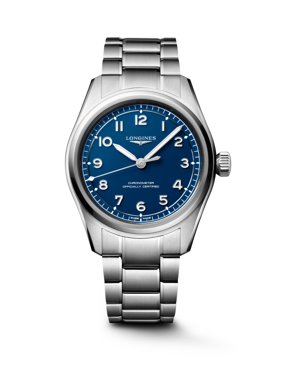 Longines Spirit Pilot with 39mm case, steel bracelet & blue dial on a white background.
