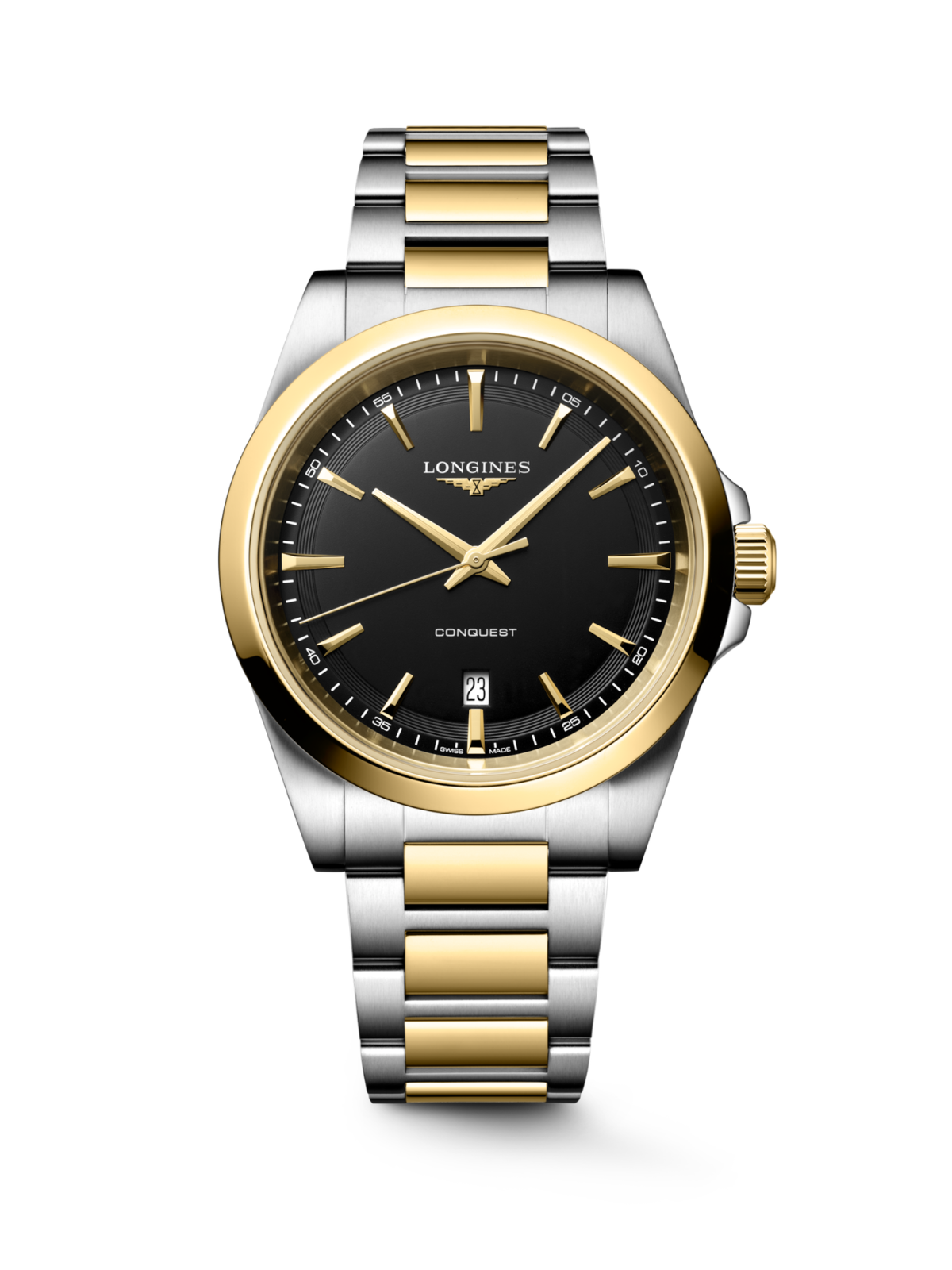 Longines Conquest with 41mm case, steel and yellow gold PVD coated bracelet & black dial on a white background.
