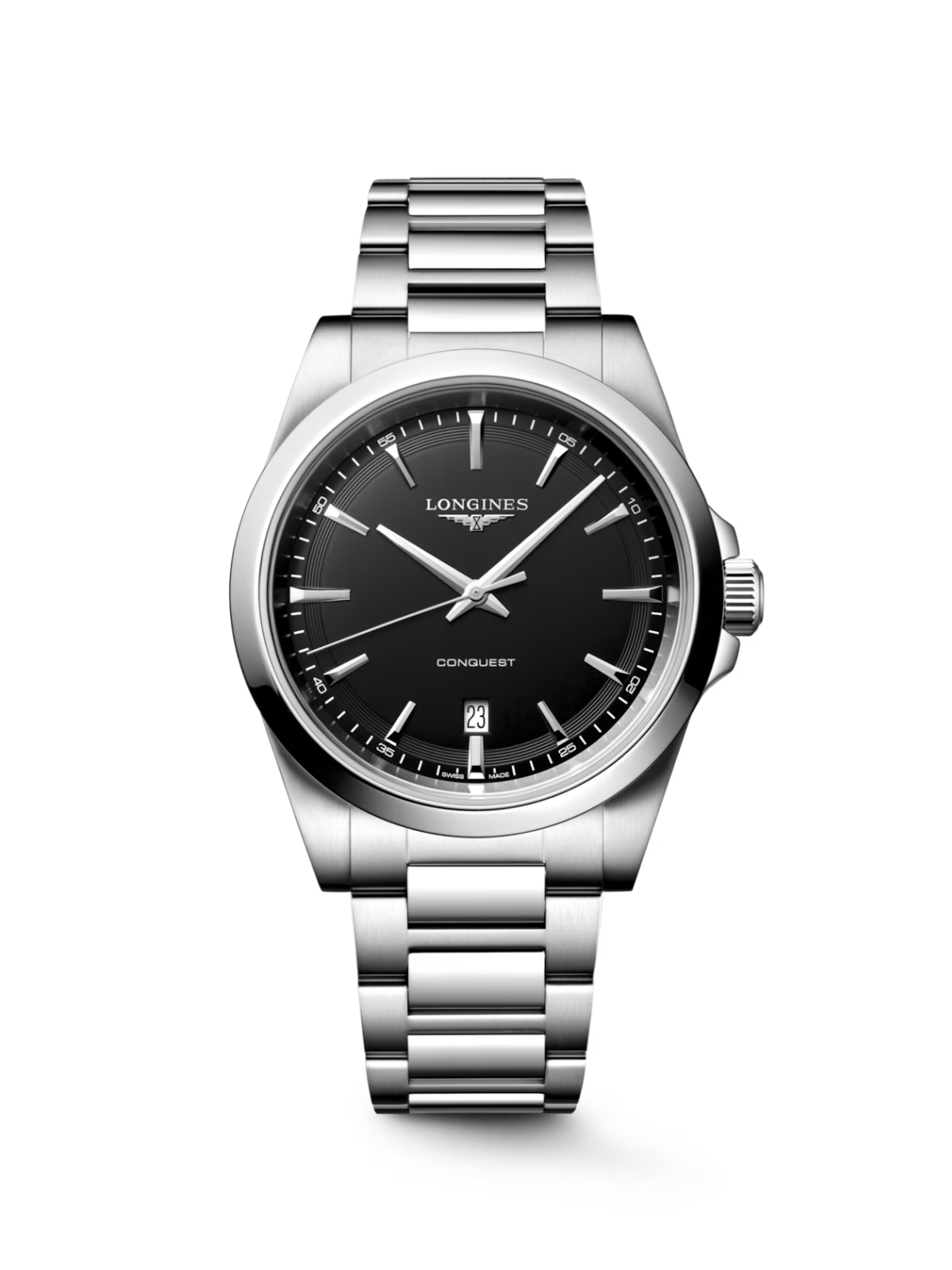 Longines Conquest with steel bracelet and black dial on a white background.