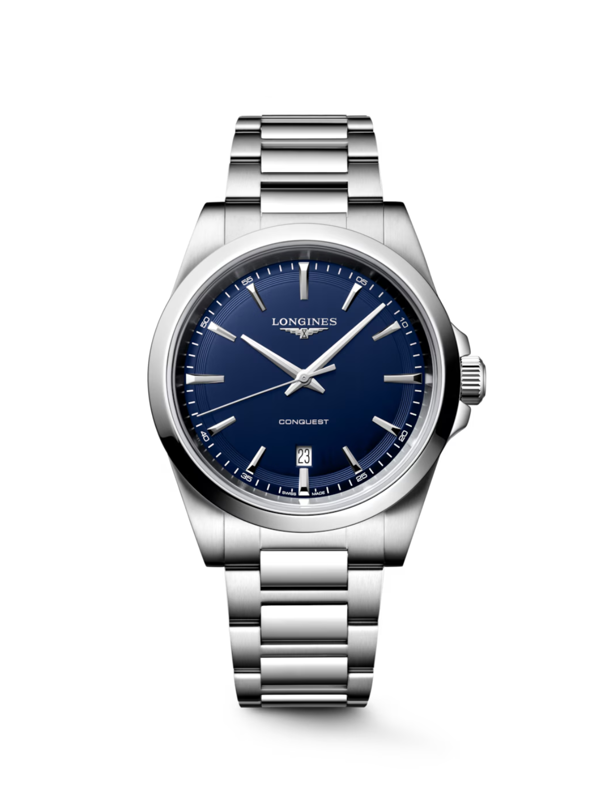 Longines Conquest with steel bracelet and blue dial on a white background.