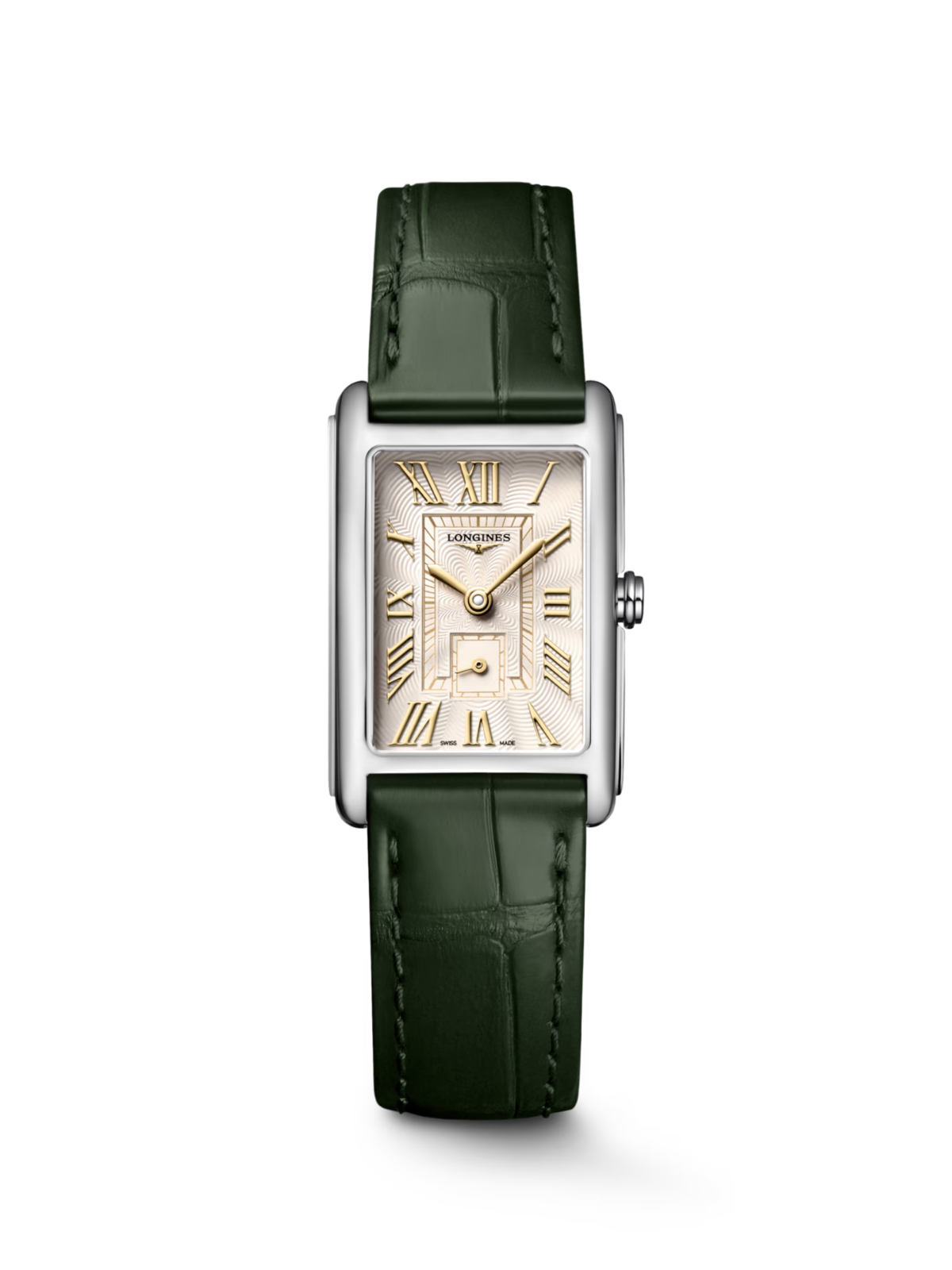 Longines DolceVita with steel case, ivory dial and olive green strap on a white background.