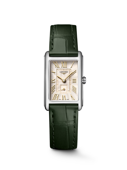 Longines DolceVita with steel case, ivory dial and olive green strap on a white background.