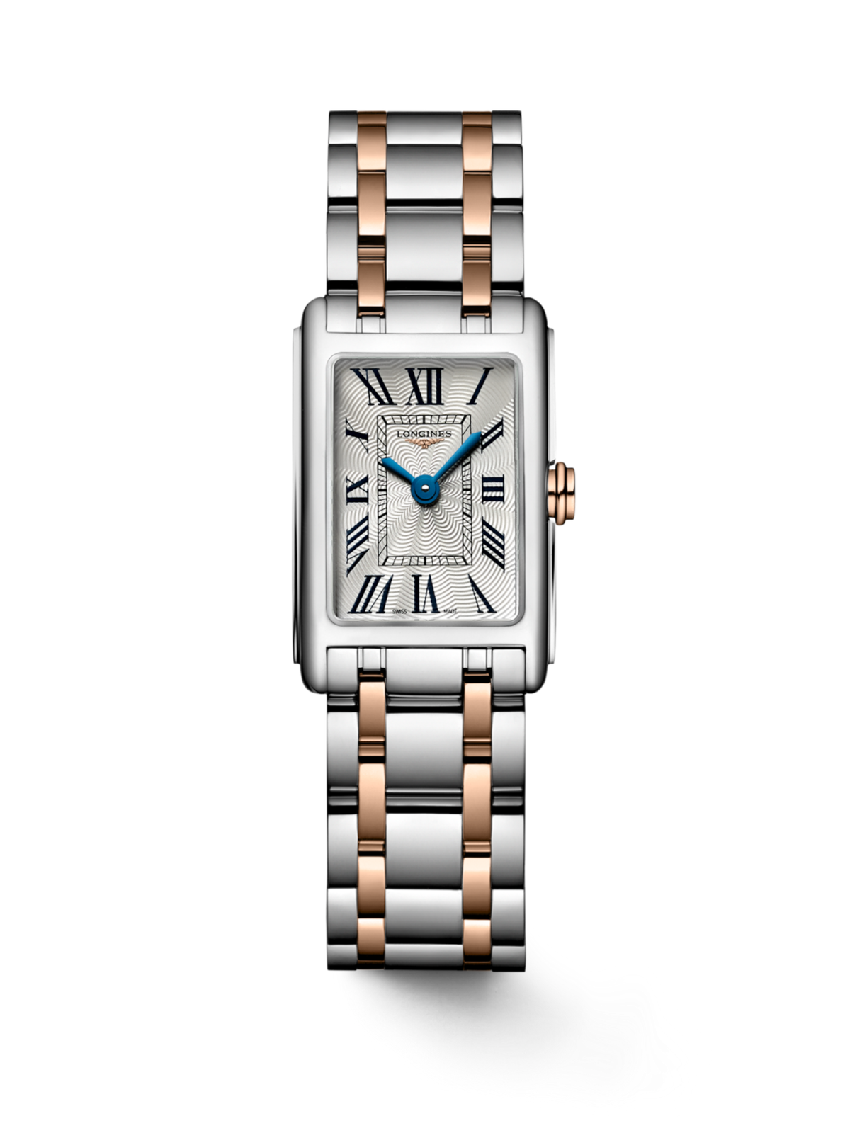 Longines DolceVita with 17.70 x 27mm case, steel & 18ct rose gold cap 200 bracelet & silver dial on a white background.