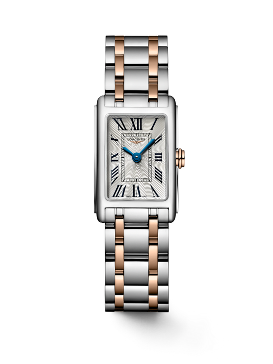 Longines DolceVita with 17.70 x 27mm case, steel & 18ct rose gold cap 200 bracelet & silver dial on a white background.