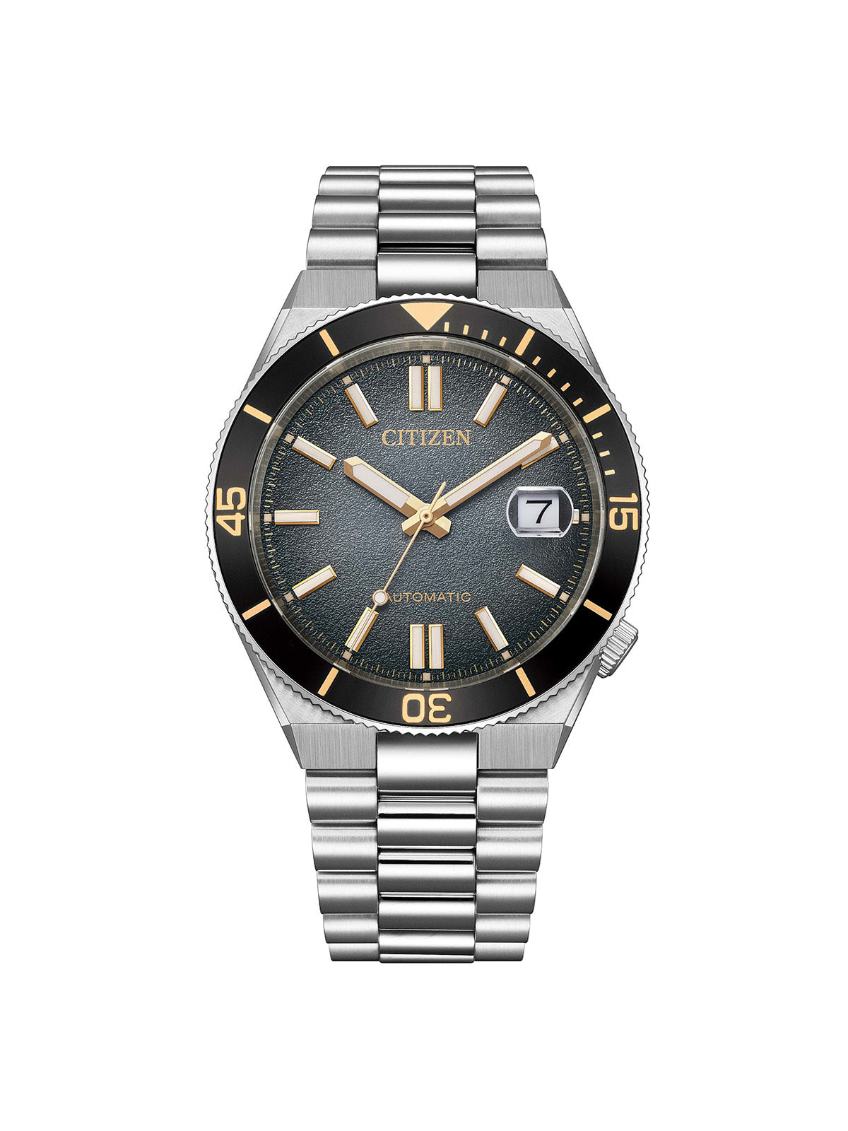 Citizen Tsuoysa Shore Timeslip with 40mm case, steel bracelet & black dial on a white background.