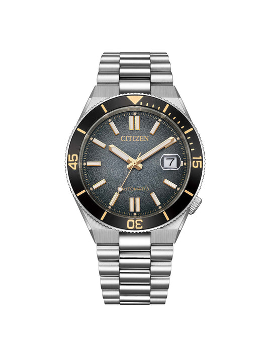 Citizen Tsuoysa Shore Timeslip with 40mm case, steel bracelet & black dial on a white background.