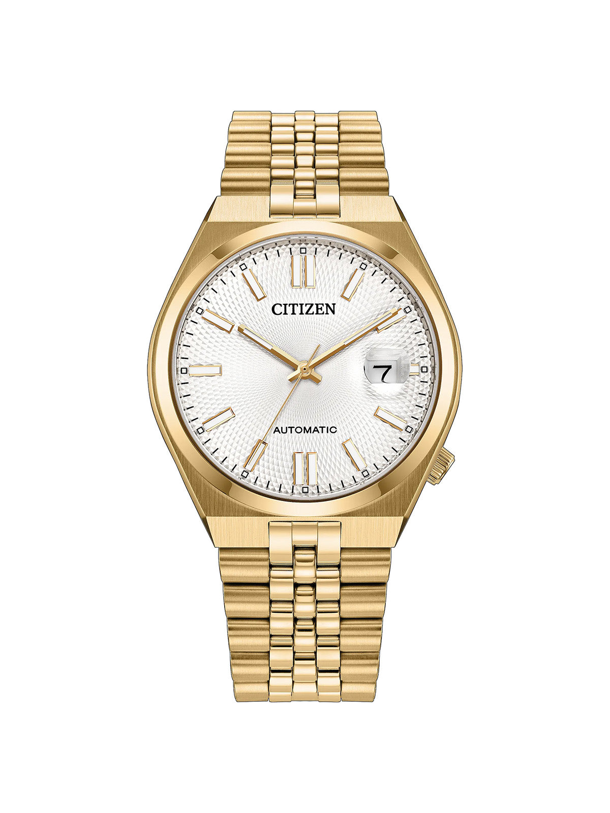 Citizen Tsuyosa 60 with 37mm case, gold-tone steel bracelet & white dial on a white background.