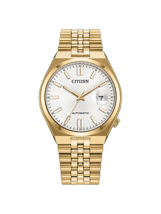 Citizen Tsuyosa 60 with 37mm case, gold-tone steel bracelet & white dial on a white background.
