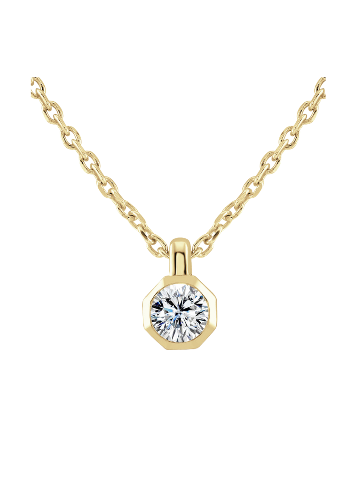 Diamond solitaire pendant with 0.25ct round brilliant diamond bezel-set in 18ct yellow gold on a white background.