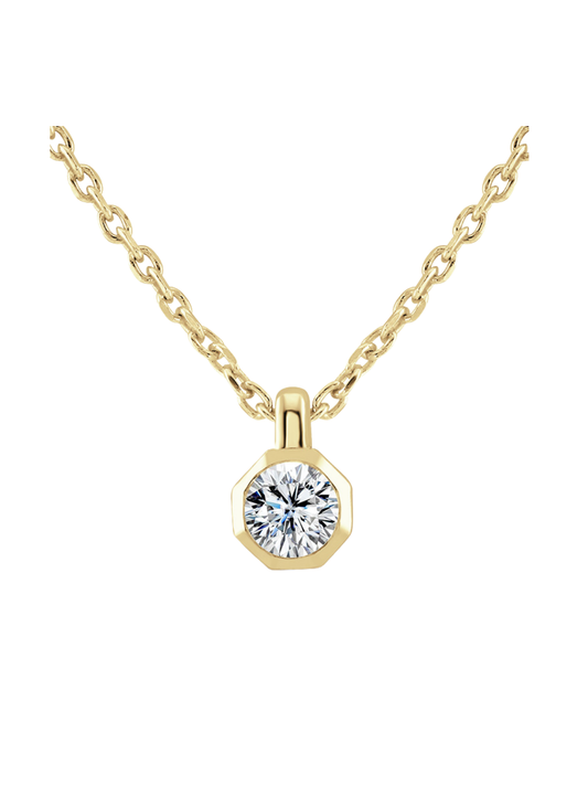Diamond solitaire pendant with 0.25ct round brilliant diamond bezel-set in 18ct yellow gold on a white background.