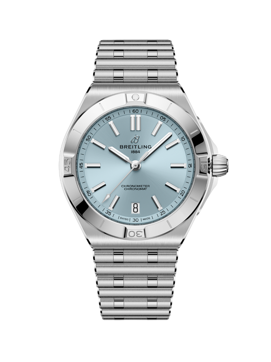 Breitling Chronomat B31 Automatic 40 watch with a steel bracelet and ice blue dial on a white background.