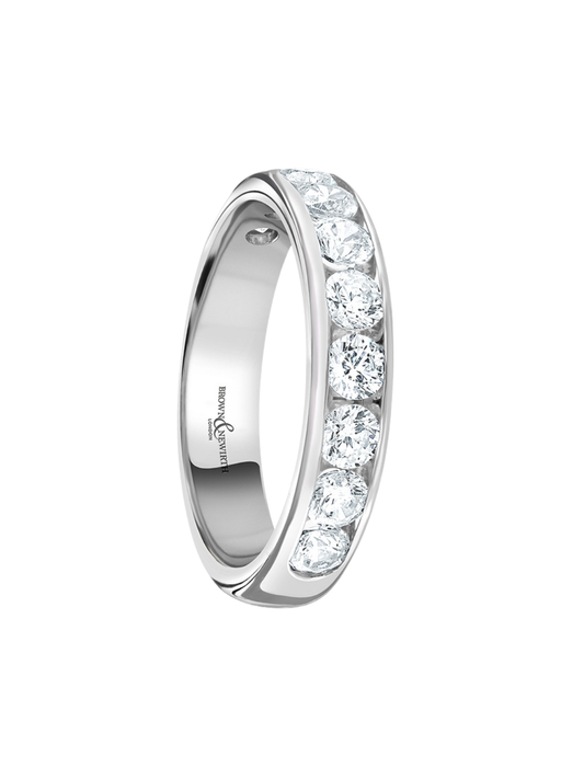 Lab grown diamond half eternity ring with 1.00ct of round brilliant diamonds in platinum on a white background.