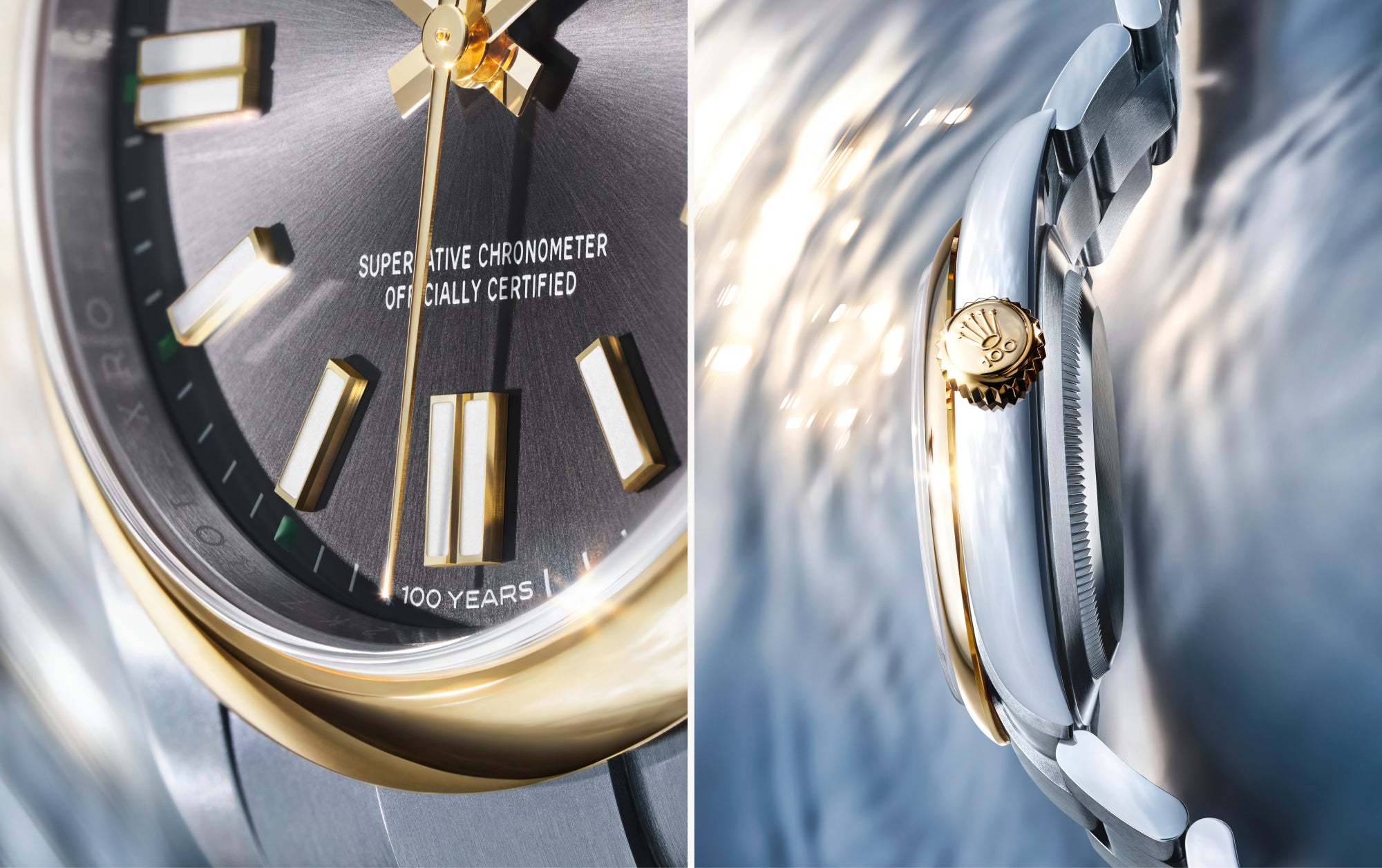Rolex Oyster Perpetual 41 watch with a gold bezel, steel bracelet, and slate dial on a reflective background.