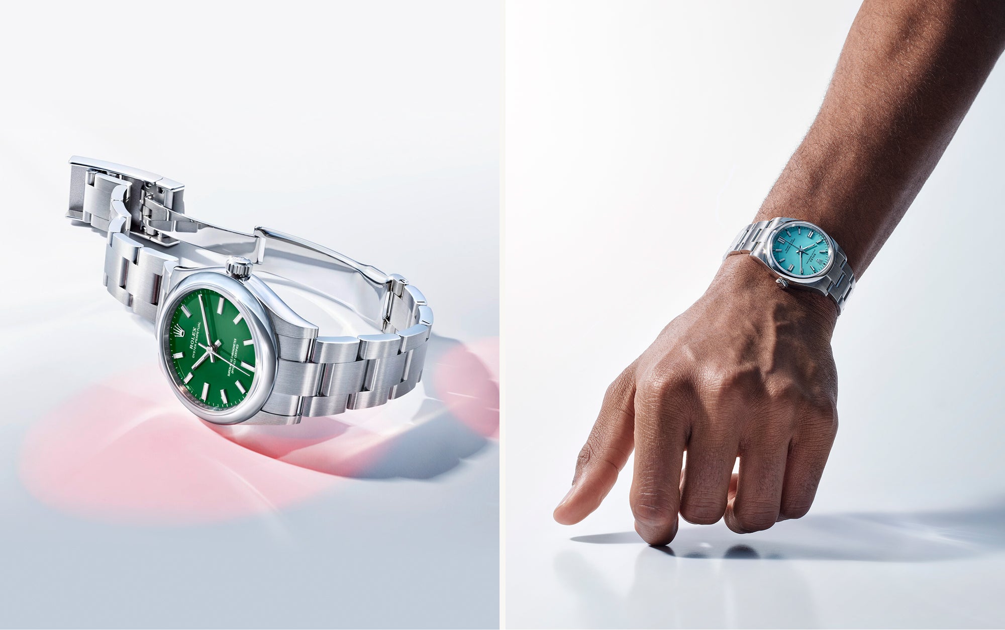 Two Rolex Oyster Perpetual watches; one with a green dial on a reflective background; one with a turquoise dial being worn on a wrist.
