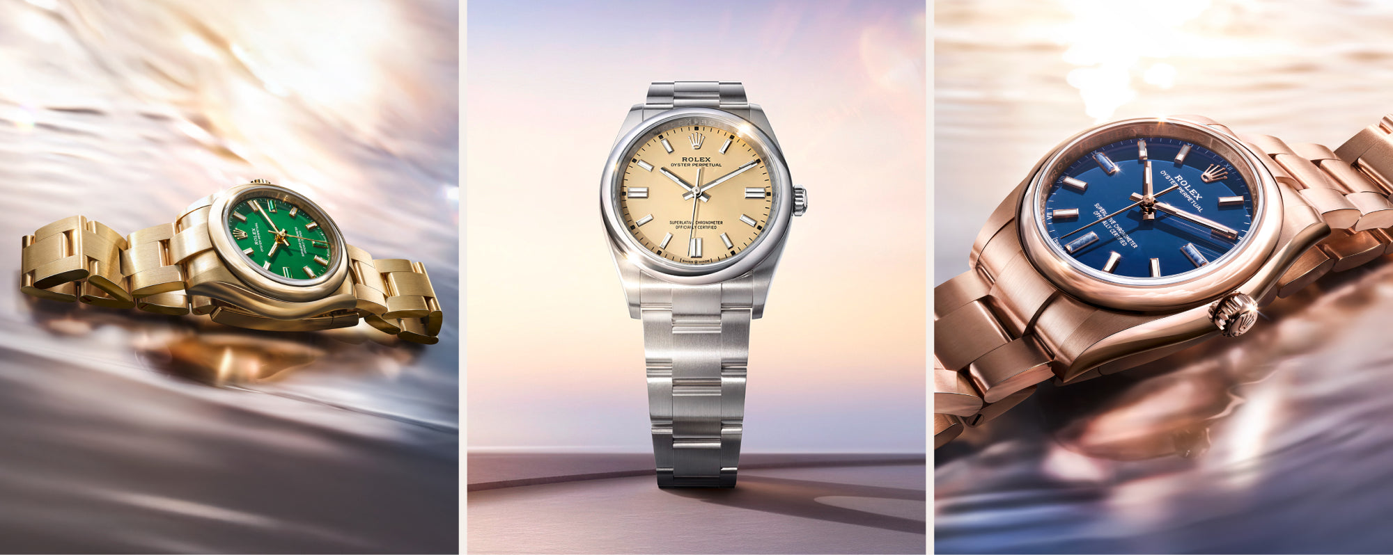 Three Rolex Oyster Perpetual watches with different designs and colours displayed against scenic backgrounds.