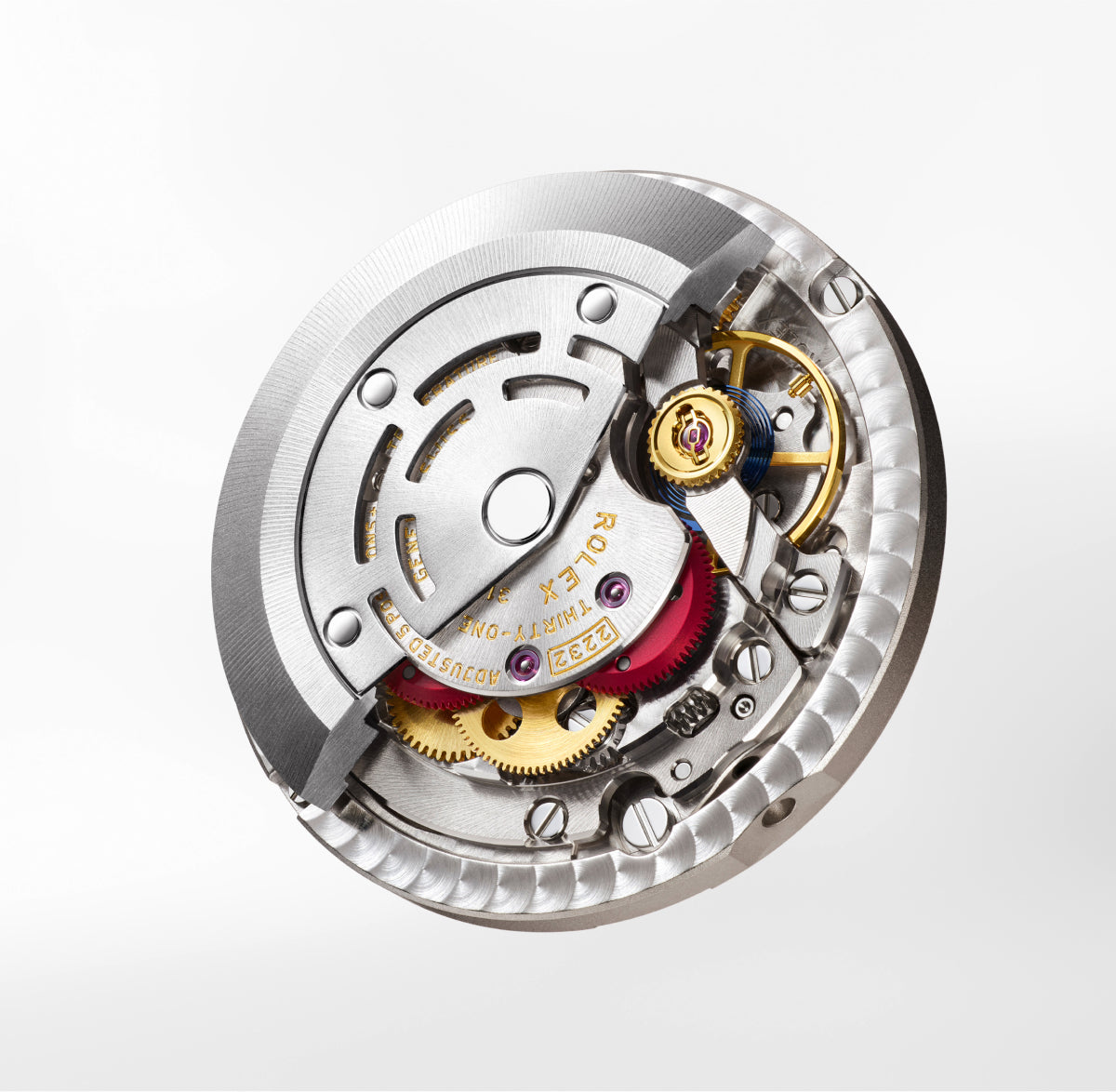 Close-up of Rolex movement 2232 on a white background.