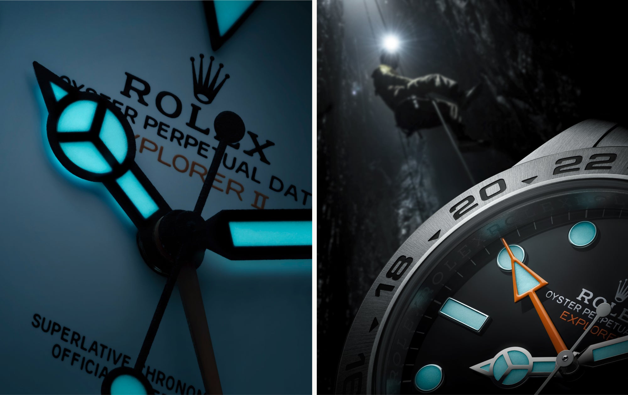 Close-up of a Rolex Explorer II watch with glowing elements on a dark background.